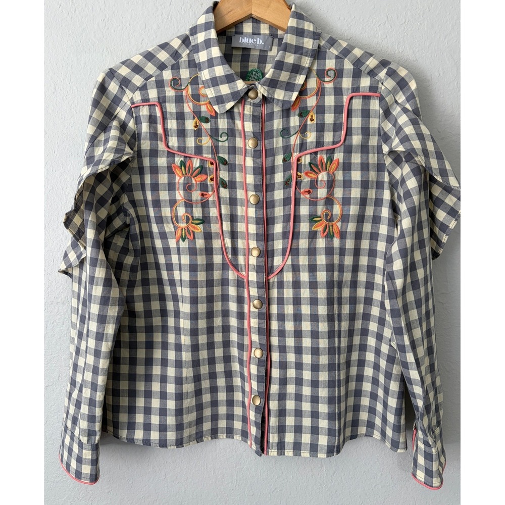 Blue B Women Gingham Cactus Bloom Embroidered Western Shirt Blouse Ruffle Snap